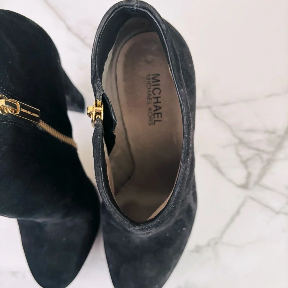 Michael Kors Haven Platform Booties‎ Black Suede Ankle with Gold Accents 9 M